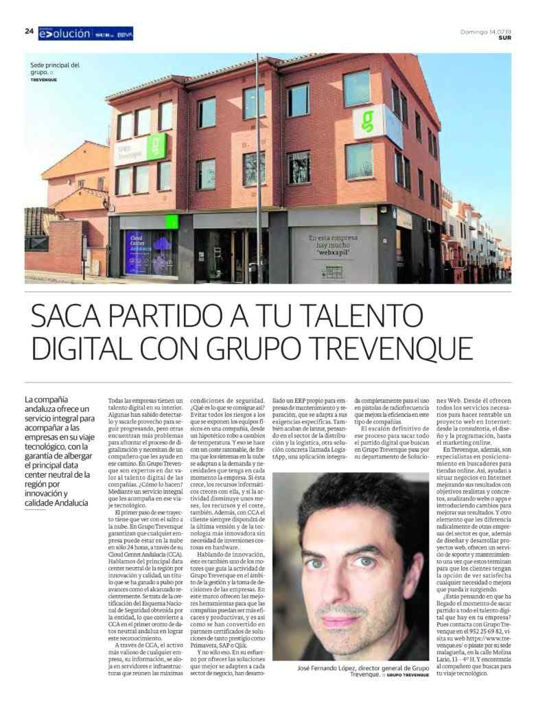 Trevenque Group en el suplemento sobre los 'Premios Evolución' de Diario Sur - Primera página