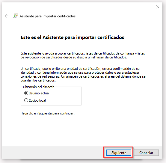 Asistente para importar certificados