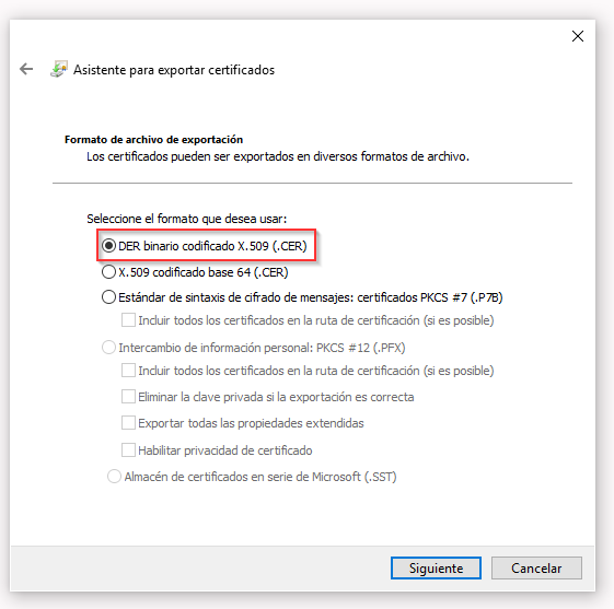 Asistente para exportar certificados